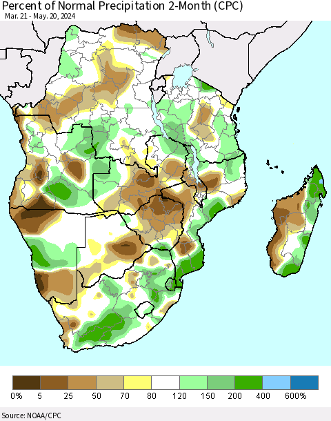 Southern Africa Percent of Normal Precipitation 2-Month (CPC) Thematic Map For 3/21/2024 - 5/20/2024