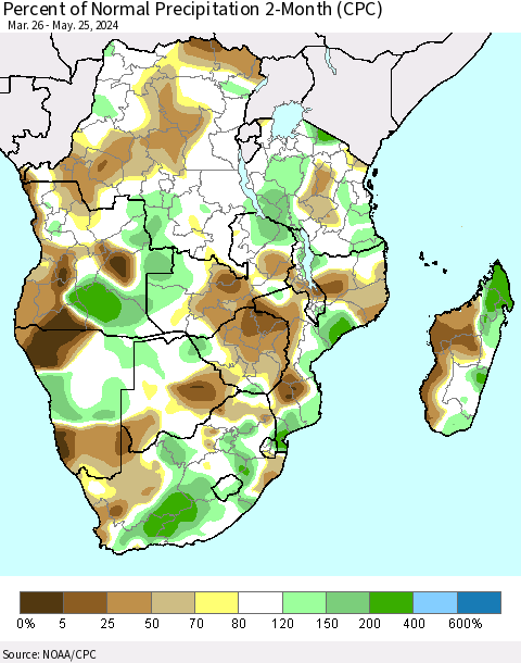 Southern Africa Percent of Normal Precipitation 2-Month (CPC) Thematic Map For 3/26/2024 - 5/25/2024