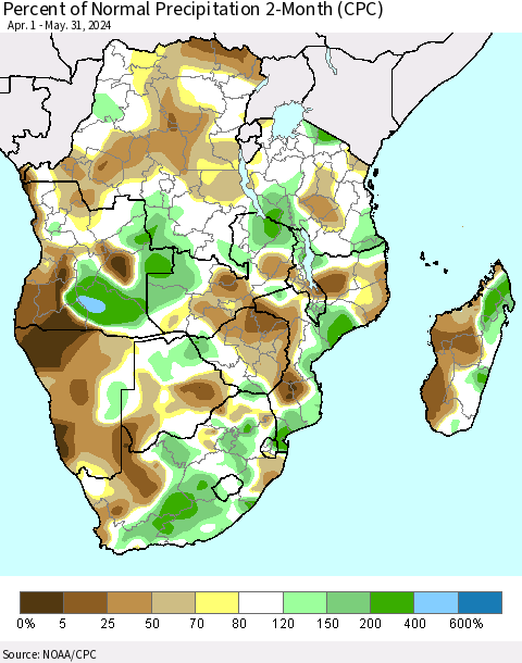Southern Africa Percent of Normal Precipitation 2-Month (CPC) Thematic Map For 4/1/2024 - 5/31/2024