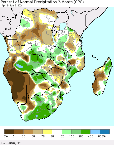 Southern Africa Percent of Normal Precipitation 2-Month (CPC) Thematic Map For 4/6/2024 - 6/5/2024