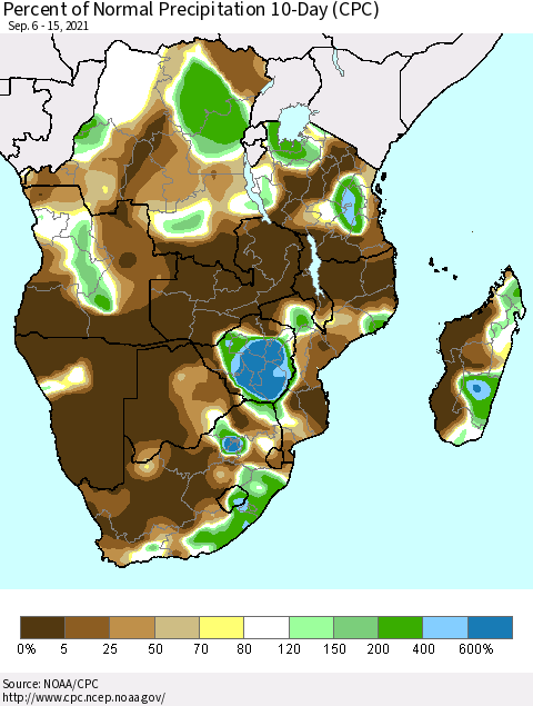 Southern Africa Percent of Normal Precipitation 10-Day (CPC) Thematic Map For 9/6/2021 - 9/15/2021