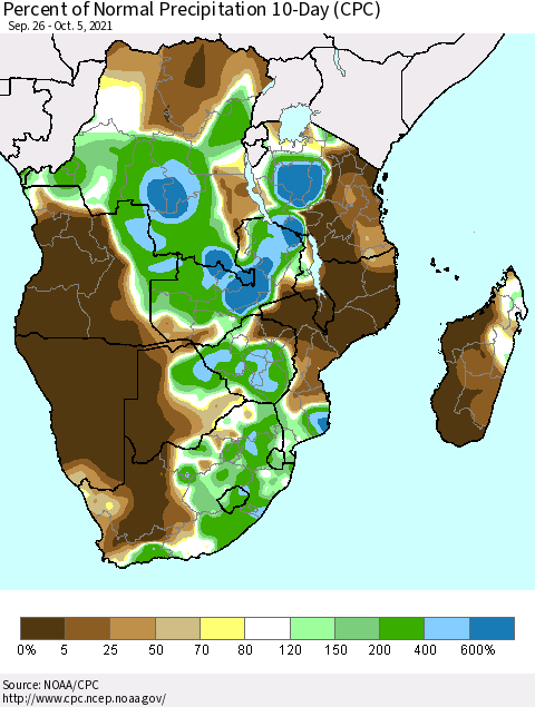 Southern Africa Percent of Normal Precipitation 10-Day (CPC) Thematic Map For 9/26/2021 - 10/5/2021
