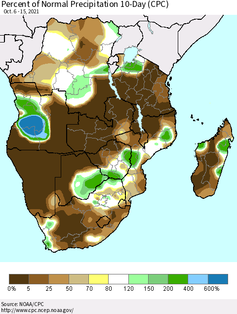 Southern Africa Percent of Normal Precipitation 10-Day (CPC) Thematic Map For 10/6/2021 - 10/15/2021