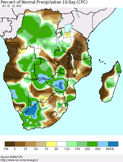 Southern Africa Percent of Normal Precipitation 10-Day (CPC) Thematic Map For 10/16/2021 - 10/25/2021