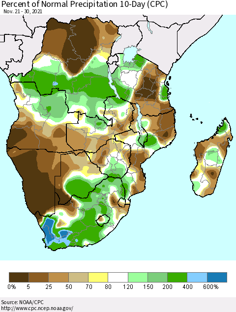Southern Africa Percent of Normal Precipitation 10-Day (CPC) Thematic Map For 11/21/2021 - 11/30/2021