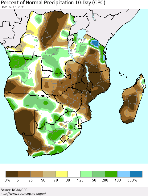 Southern Africa Percent of Normal Precipitation 10-Day (CPC) Thematic Map For 12/6/2021 - 12/15/2021