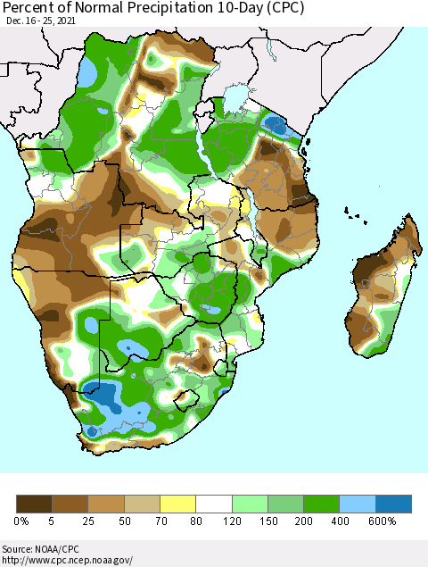Southern Africa Percent of Normal Precipitation 10-Day (CPC) Thematic Map For 12/16/2021 - 12/25/2021