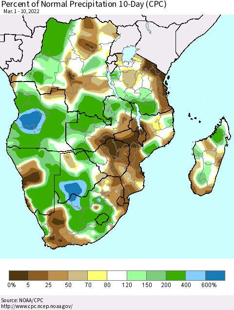 Southern Africa Percent of Normal Precipitation 10-Day (CPC) Thematic Map For 3/1/2022 - 3/10/2022