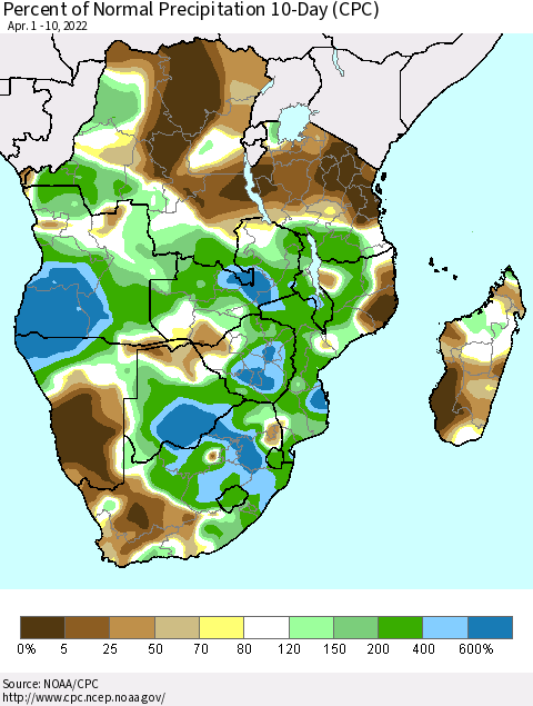 Southern Africa Percent of Normal Precipitation 10-Day (CPC) Thematic Map For 4/1/2022 - 4/10/2022