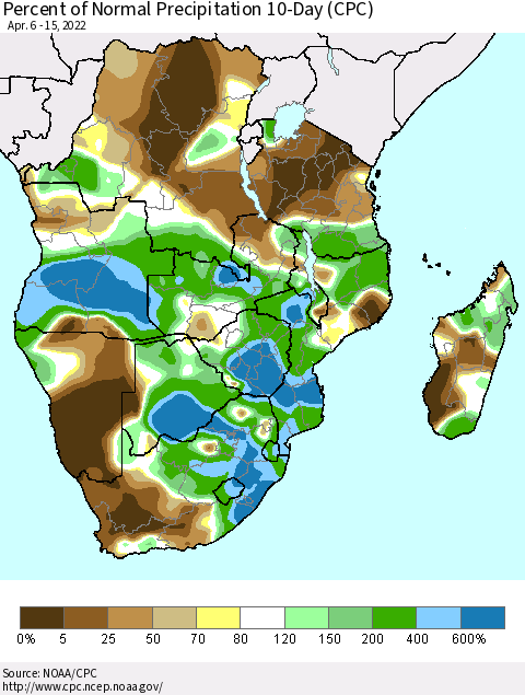 Southern Africa Percent of Normal Precipitation 10-Day (CPC) Thematic Map For 4/6/2022 - 4/15/2022