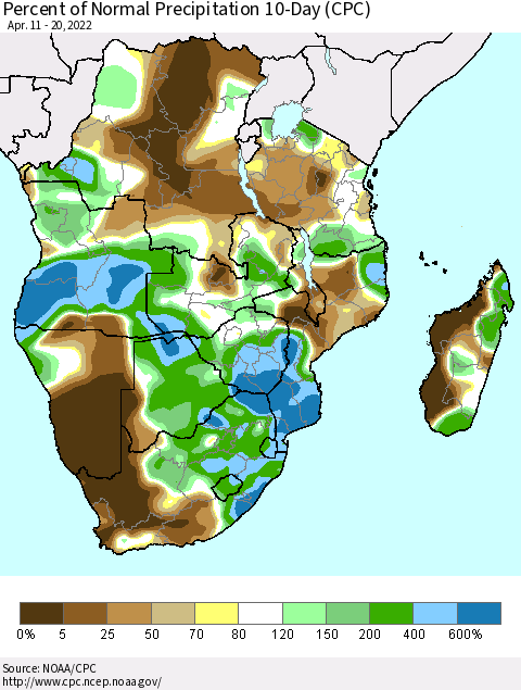 Southern Africa Percent of Normal Precipitation 10-Day (CPC) Thematic Map For 4/11/2022 - 4/20/2022