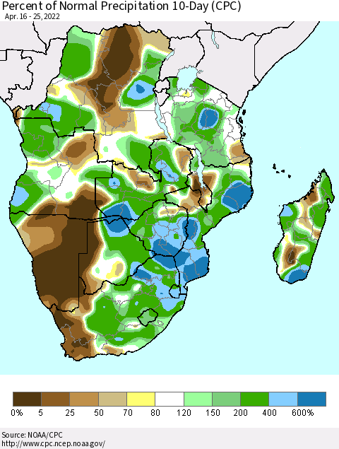 Southern Africa Percent of Normal Precipitation 10-Day (CPC) Thematic Map For 4/16/2022 - 4/25/2022