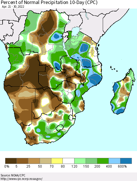 Southern Africa Percent of Normal Precipitation 10-Day (CPC) Thematic Map For 4/21/2022 - 4/30/2022