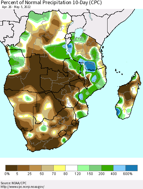 Southern Africa Percent of Normal Precipitation 10-Day (CPC) Thematic Map For 4/26/2022 - 5/5/2022