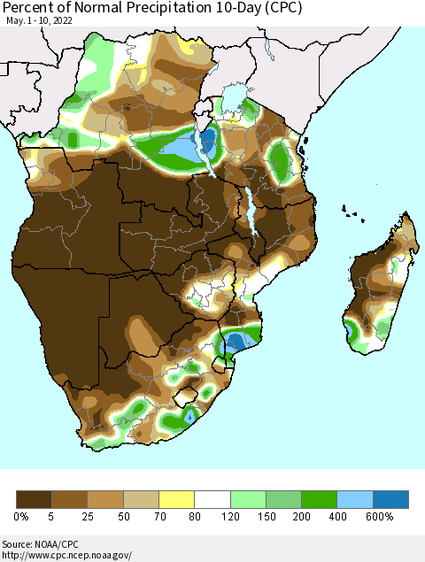 Southern Africa Percent of Normal Precipitation 10-Day (CPC) Thematic Map For 5/1/2022 - 5/10/2022