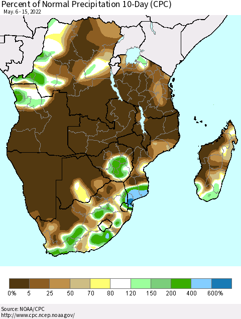 Southern Africa Percent of Normal Precipitation 10-Day (CPC) Thematic Map For 5/6/2022 - 5/15/2022