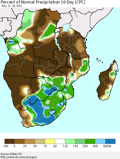 Southern Africa Percent of Normal Precipitation 10-Day (CPC) Thematic Map For 5/11/2022 - 5/20/2022