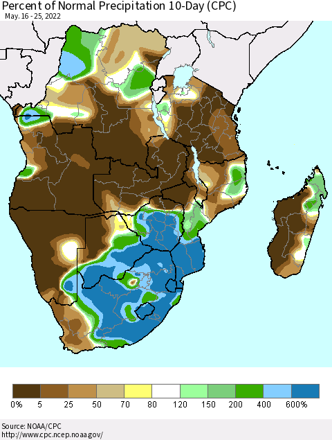 Southern Africa Percent of Normal Precipitation 10-Day (CPC) Thematic Map For 5/16/2022 - 5/25/2022