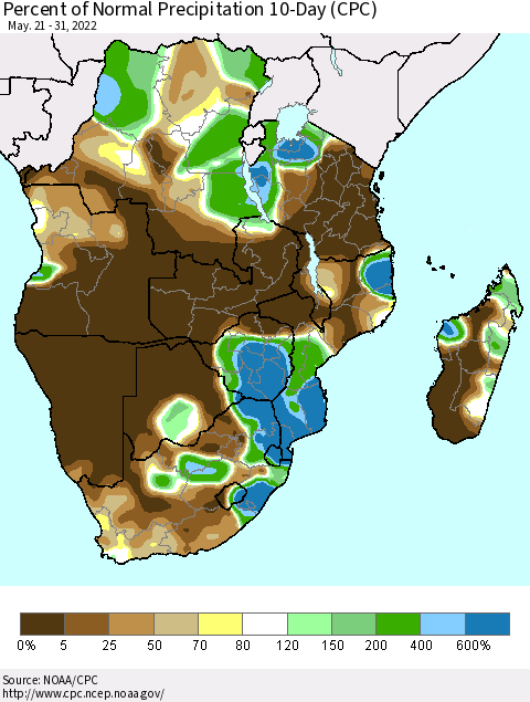 Southern Africa Percent of Normal Precipitation 10-Day (CPC) Thematic Map For 5/21/2022 - 5/31/2022