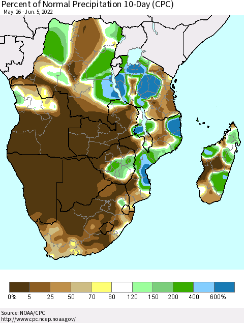 Southern Africa Percent of Normal Precipitation 10-Day (CPC) Thematic Map For 5/26/2022 - 6/5/2022