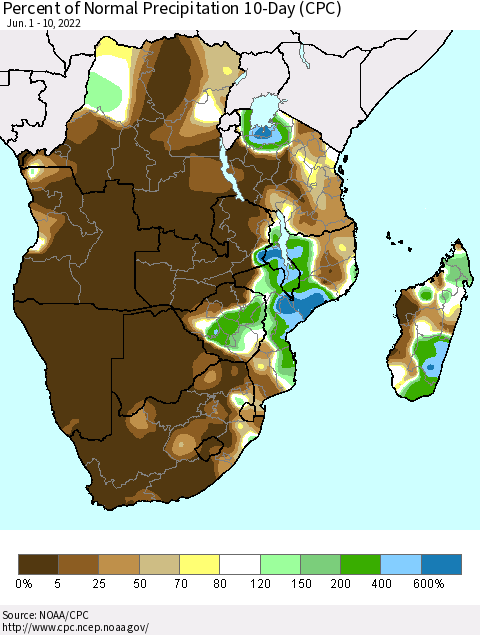 Southern Africa Percent of Normal Precipitation 10-Day (CPC) Thematic Map For 6/1/2022 - 6/10/2022