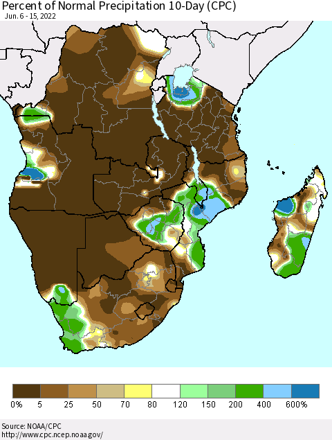Southern Africa Percent of Normal Precipitation 10-Day (CPC) Thematic Map For 6/6/2022 - 6/15/2022