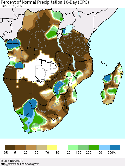 Southern Africa Percent of Normal Precipitation 10-Day (CPC) Thematic Map For 6/11/2022 - 6/20/2022