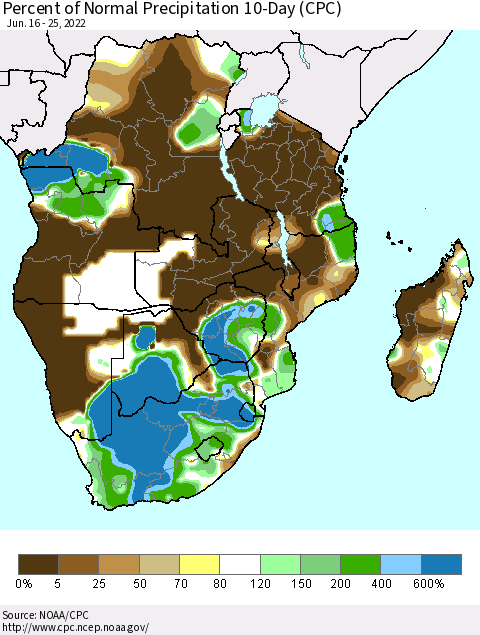 Southern Africa Percent of Normal Precipitation 10-Day (CPC) Thematic Map For 6/16/2022 - 6/25/2022