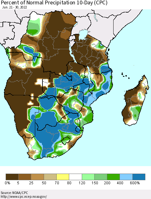 Southern Africa Percent of Normal Precipitation 10-Day (CPC) Thematic Map For 6/21/2022 - 6/30/2022