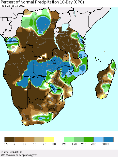 Southern Africa Percent of Normal Precipitation 10-Day (CPC) Thematic Map For 6/26/2022 - 7/5/2022