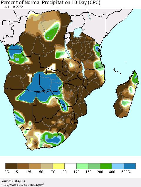 Southern Africa Percent of Normal Precipitation 10-Day (CPC) Thematic Map For 7/1/2022 - 7/10/2022