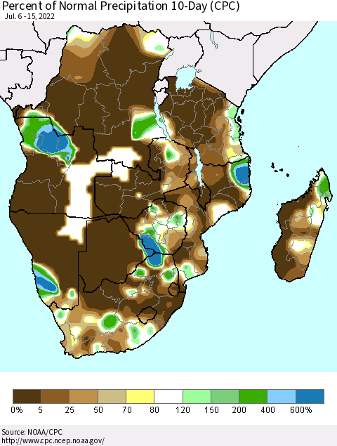 Southern Africa Percent of Normal Precipitation 10-Day (CPC) Thematic Map For 7/6/2022 - 7/15/2022