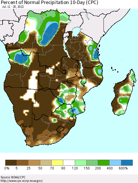 Southern Africa Percent of Normal Precipitation 10-Day (CPC) Thematic Map For 7/11/2022 - 7/20/2022