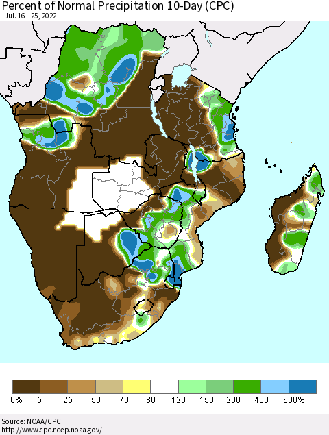 Southern Africa Percent of Normal Precipitation 10-Day (CPC) Thematic Map For 7/16/2022 - 7/25/2022