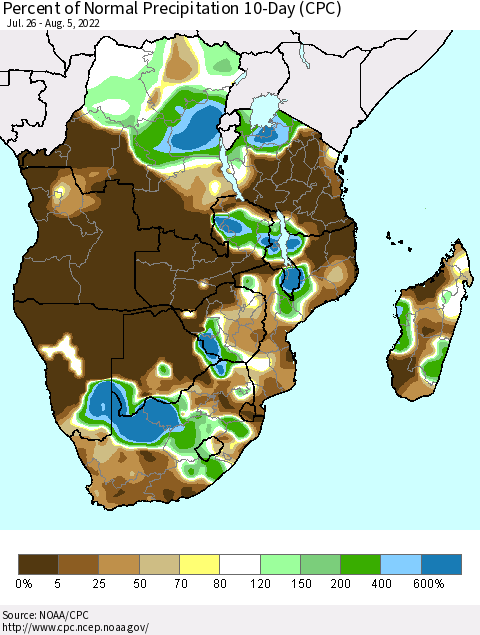 Southern Africa Percent of Normal Precipitation 10-Day (CPC) Thematic Map For 7/26/2022 - 8/5/2022