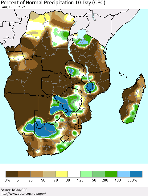 Southern Africa Percent of Normal Precipitation 10-Day (CPC) Thematic Map For 8/1/2022 - 8/10/2022