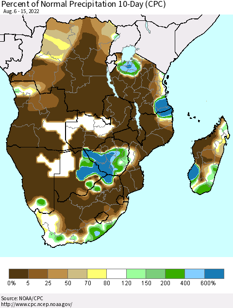 Southern Africa Percent of Normal Precipitation 10-Day (CPC) Thematic Map For 8/6/2022 - 8/15/2022