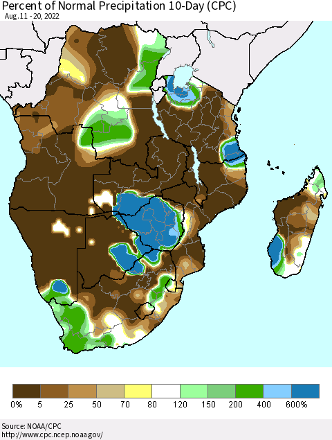 Southern Africa Percent of Normal Precipitation 10-Day (CPC) Thematic Map For 8/11/2022 - 8/20/2022