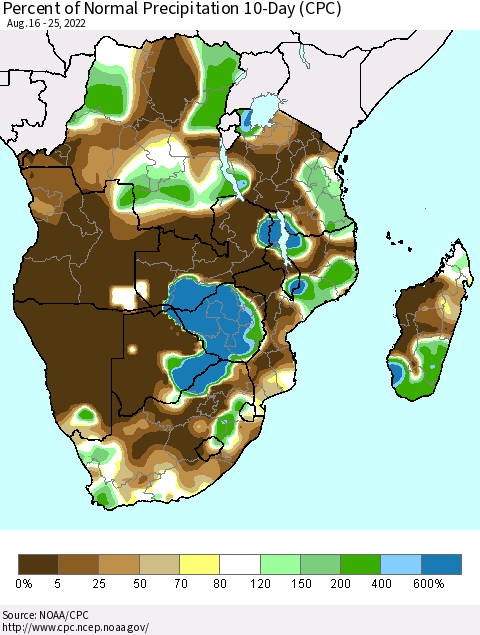 Southern Africa Percent of Normal Precipitation 10-Day (CPC) Thematic Map For 8/16/2022 - 8/25/2022
