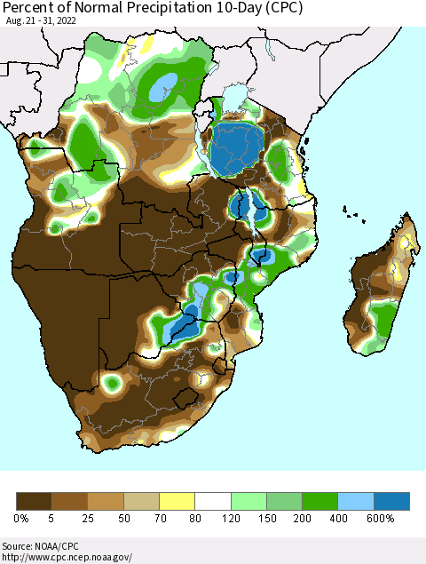 Southern Africa Percent of Normal Precipitation 10-Day (CPC) Thematic Map For 8/21/2022 - 8/31/2022