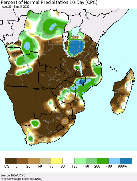 Southern Africa Percent of Normal Precipitation 10-Day (CPC) Thematic Map For 8/26/2022 - 9/5/2022
