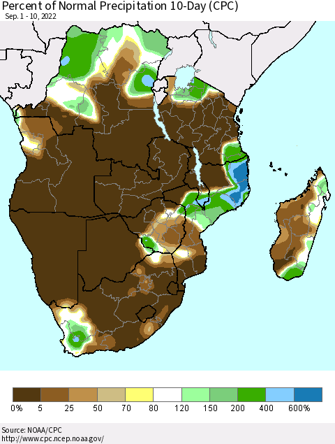 Southern Africa Percent of Normal Precipitation 10-Day (CPC) Thematic Map For 9/1/2022 - 9/10/2022