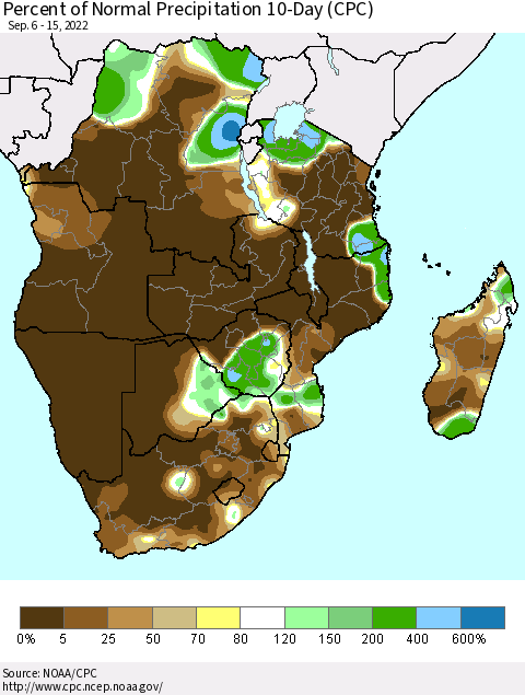 Southern Africa Percent of Normal Precipitation 10-Day (CPC) Thematic Map For 9/6/2022 - 9/15/2022