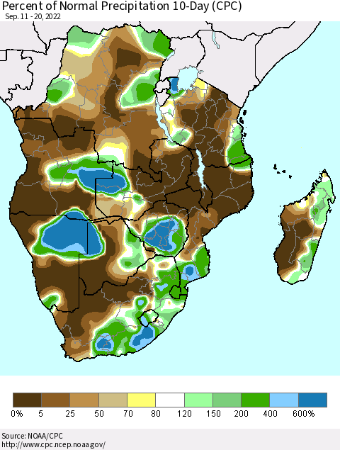 Southern Africa Percent of Normal Precipitation 10-Day (CPC) Thematic Map For 9/11/2022 - 9/20/2022