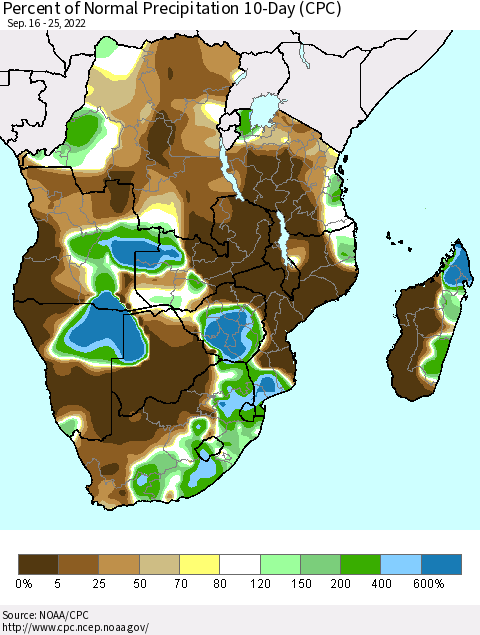 Southern Africa Percent of Normal Precipitation 10-Day (CPC) Thematic Map For 9/16/2022 - 9/25/2022