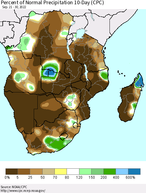 Southern Africa Percent of Normal Precipitation 10-Day (CPC) Thematic Map For 9/21/2022 - 9/30/2022