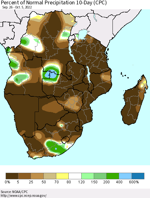 Southern Africa Percent of Normal Precipitation 10-Day (CPC) Thematic Map For 9/26/2022 - 10/5/2022