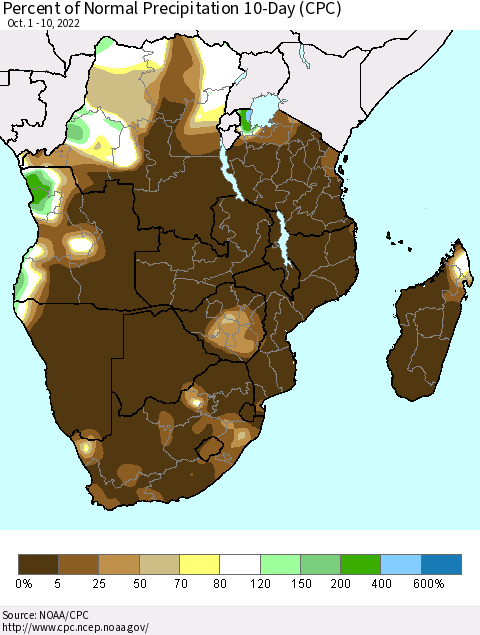 Southern Africa Percent of Normal Precipitation 10-Day (CPC) Thematic Map For 10/1/2022 - 10/10/2022