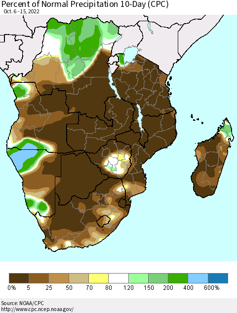 Southern Africa Percent of Normal Precipitation 10-Day (CPC) Thematic Map For 10/6/2022 - 10/15/2022