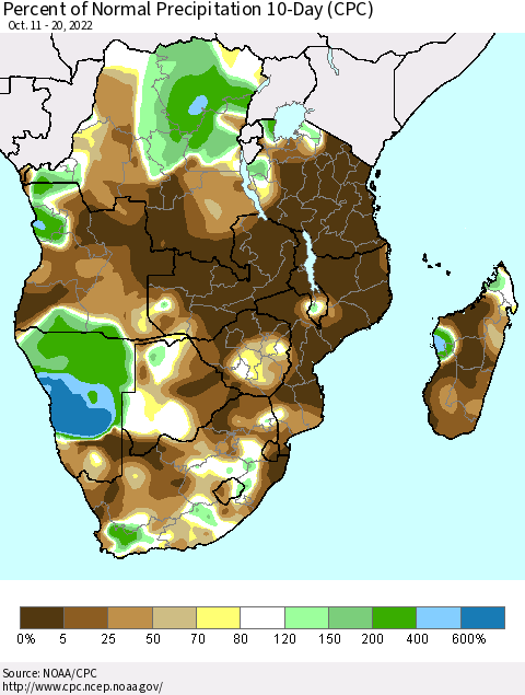 Southern Africa Percent of Normal Precipitation 10-Day (CPC) Thematic Map For 10/11/2022 - 10/20/2022